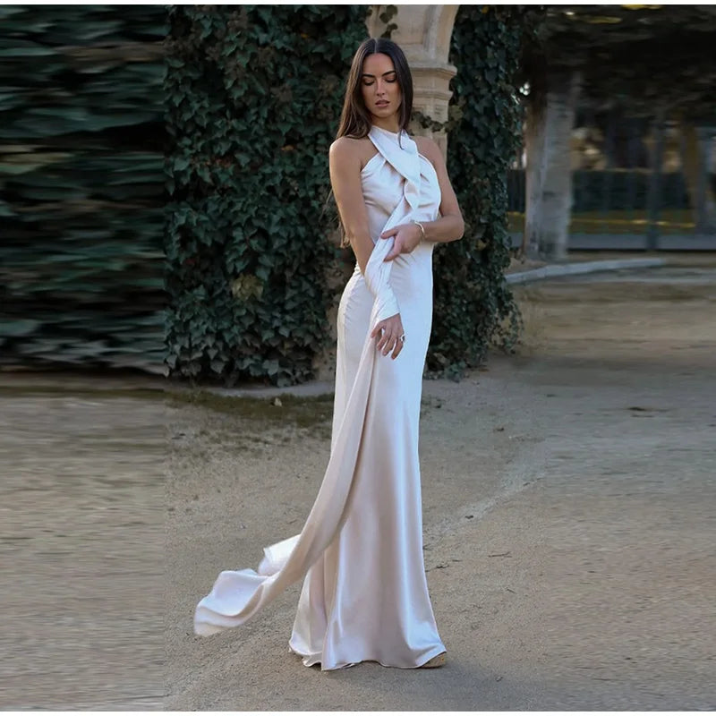 Elegant Halter Dress Women Solid Backless Maxi Dress