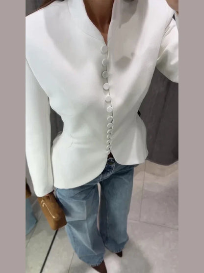 Chic Waist Cinched Women's Blazer Coat with Stand Collar