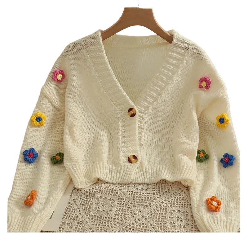 Applique Flower V-Neck Knit Cardigan for Women