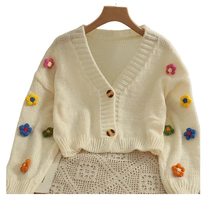 Applique Flower V-Neck Knit Cardigan for Women
