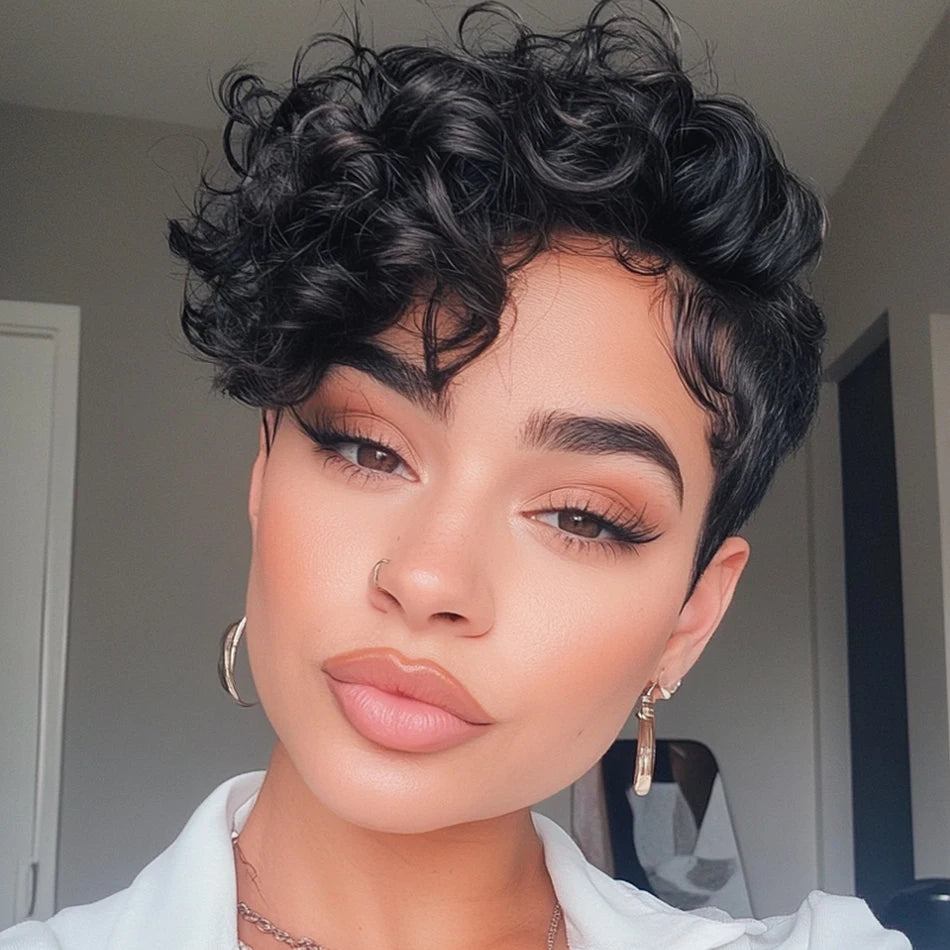 1B Pixie Cut Human Hair Wig Loose Curly Bangs 6 Inch
