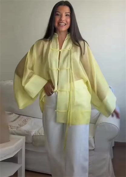 Women's Yellow Long Sleeve Shirt with Knot Decoration