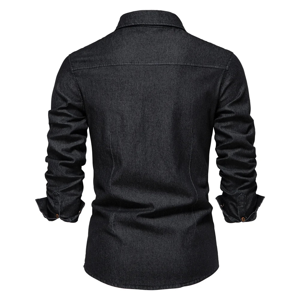 Elastic Cotton Denim Shirt Men Long Sleeve Casual