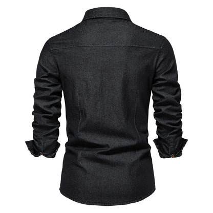 Elastic Cotton Denim Shirt Men Long Sleeve Casual
