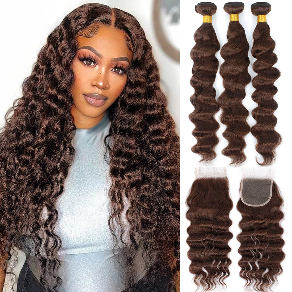 Chocolate Brown Loose Wave Human Hair Bundles with Closure