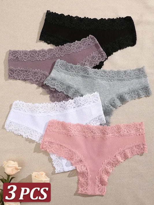 Women Cotton Lace Briefs 3Pcs Set Soft Underwear S-XL