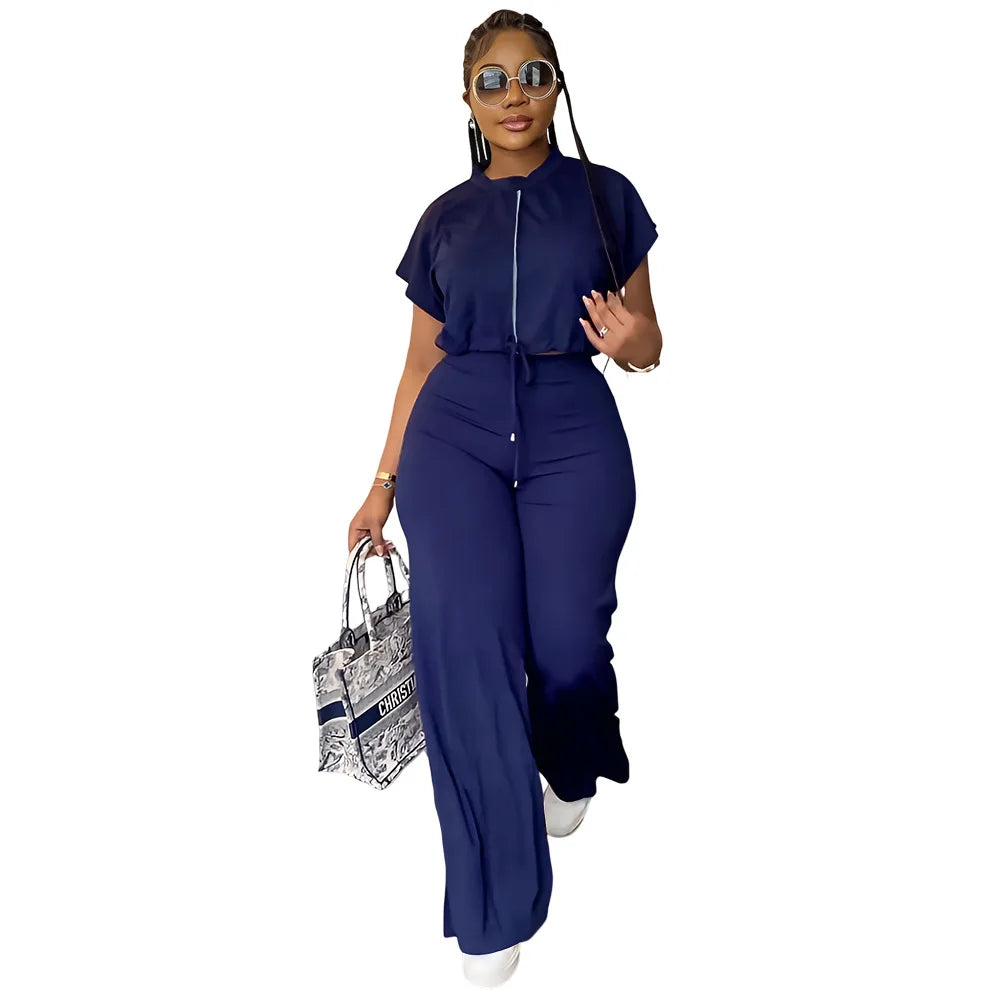 Women Casual Short Sleeve Drawstring Top and High Waist Pants Set