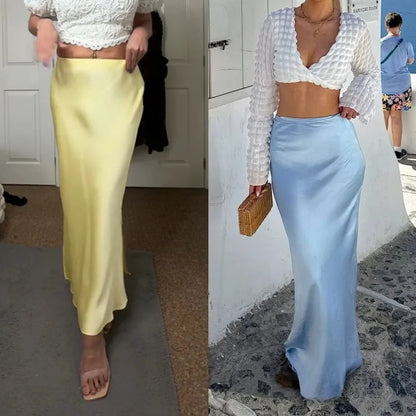 Vintage Satin Solid Long Skirt Women High Waist