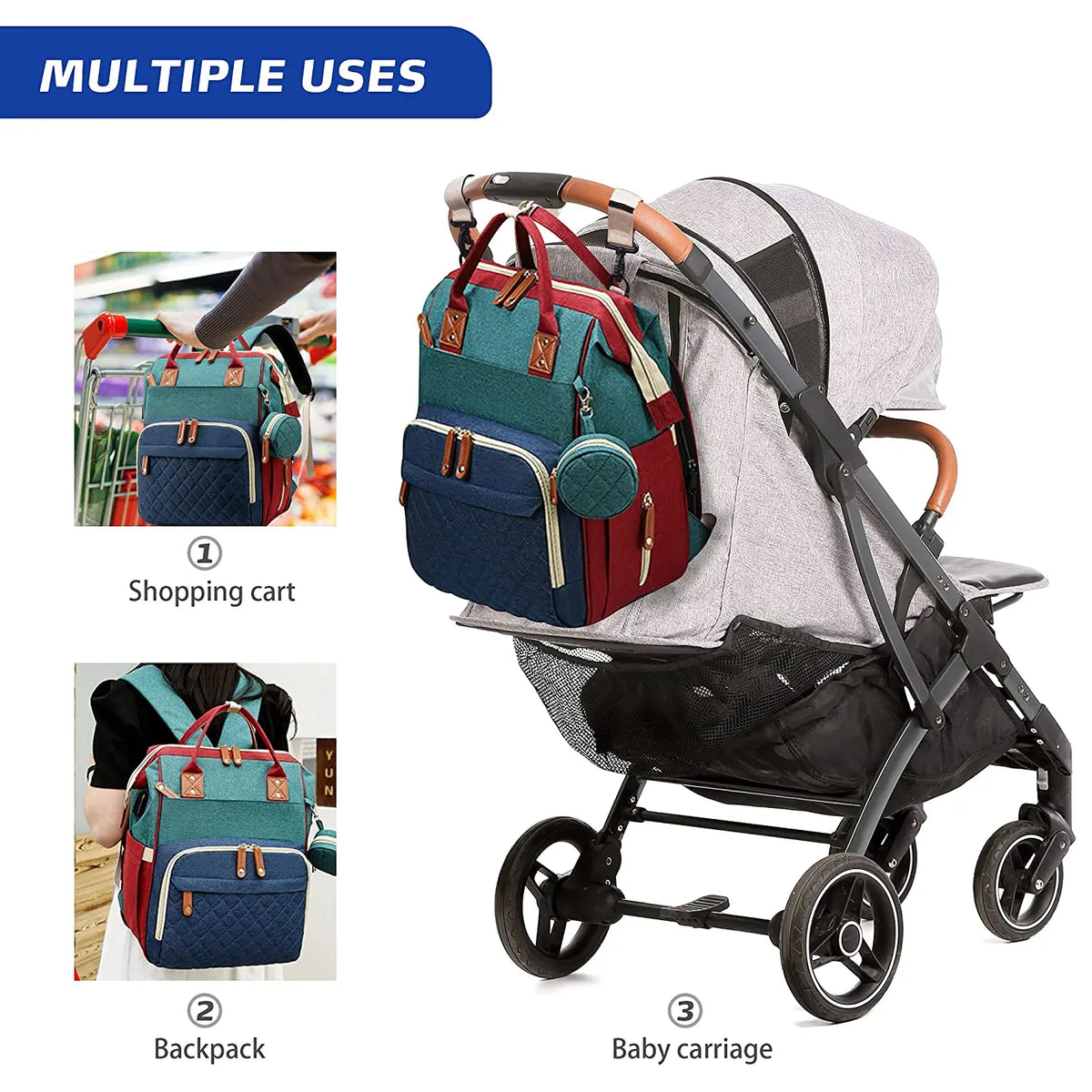 3 In 1 Waterproof Diaper Bag Backpack with USB Charge