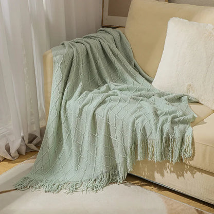 Khaki Knitted Acrylic Blanket with Tassels