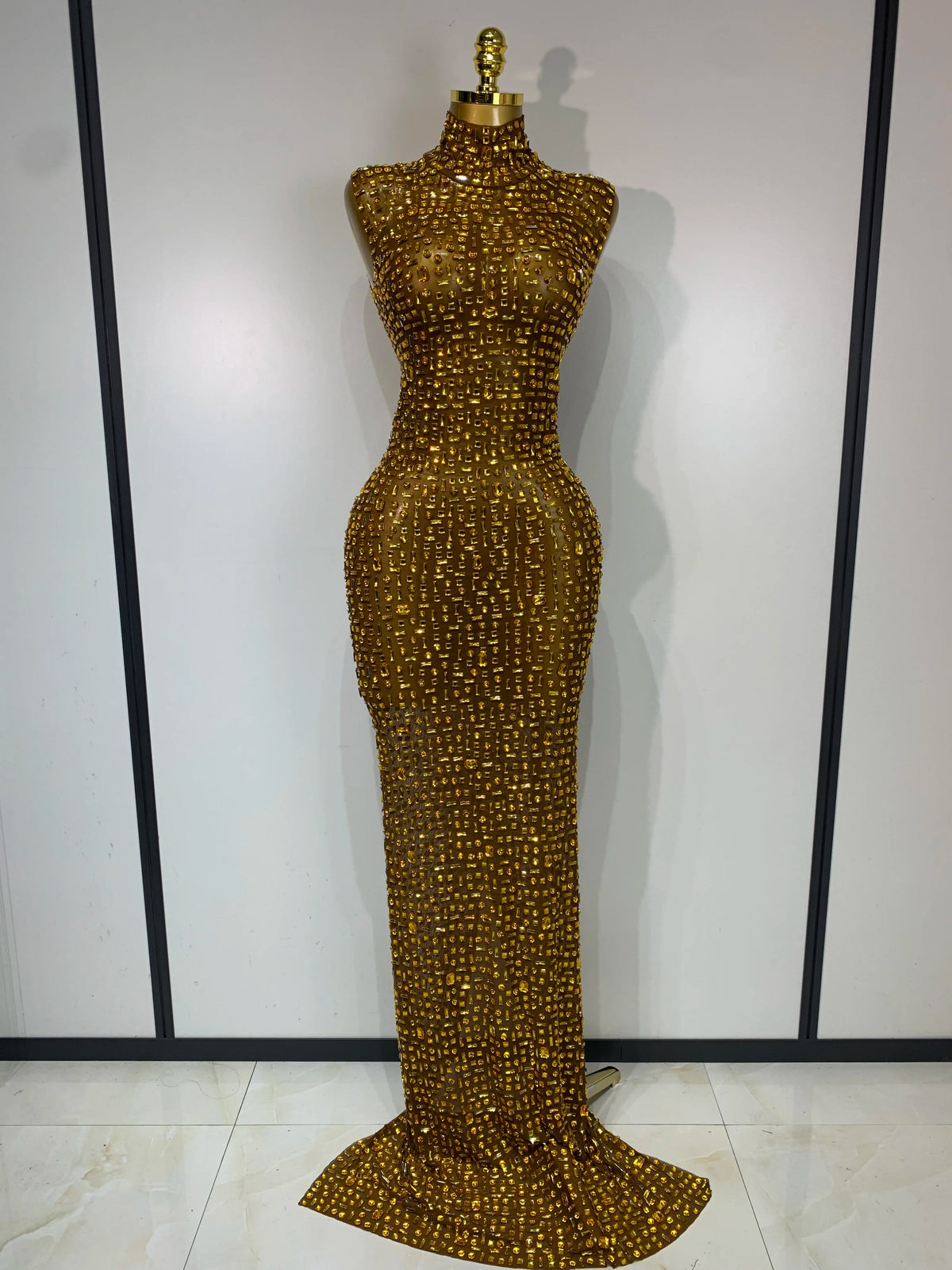 Gold Rhinestone Sleeveless Long Dress for Women