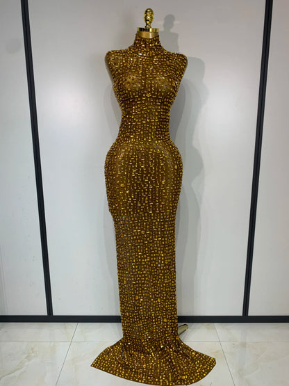 Gold Rhinestone Sleeveless Long Dress for Women