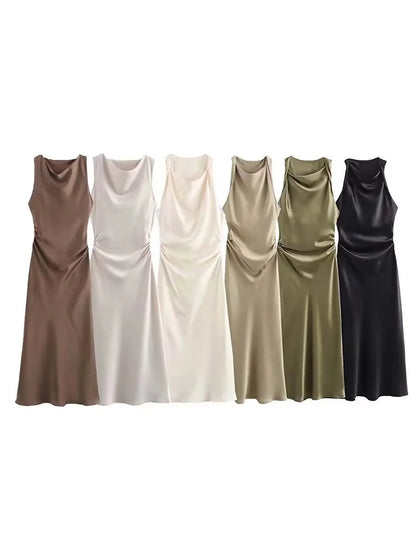 Satin Midi Dress for Women Sleeveless Elegant Evening Dress