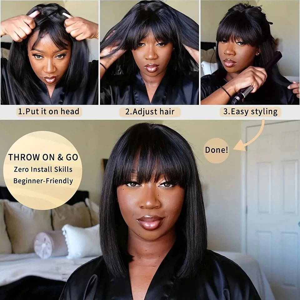 Straight Brazilian Human Hair Bob Wig With Bangs