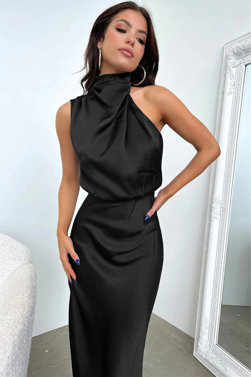Elegant Silk Satin Sleeveless Long Dress for Women