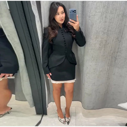 Chic Waist Cinched Women's Blazer Coat with Stand Collar