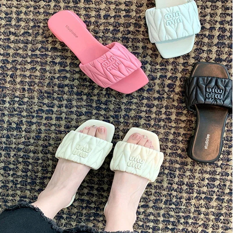 Summer Open Toe Square Toe PU Slippers for Women