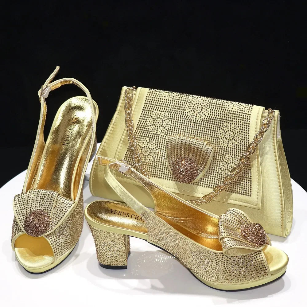 Golden Wedding Shoes And Bag Set With Diamond Decoration