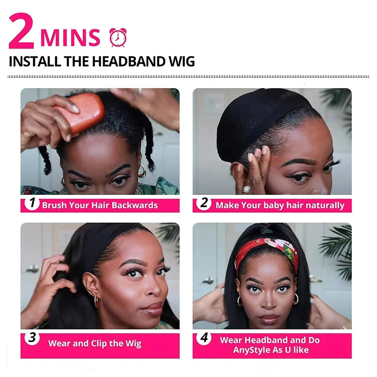 Human Hair Straight Headband Wig Natural Black 180% Density