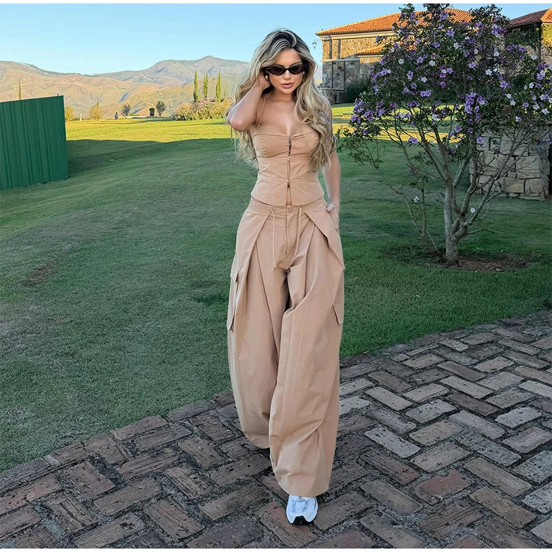 Corset Cami Two Piece Set with Pleated Wide Leg Pants