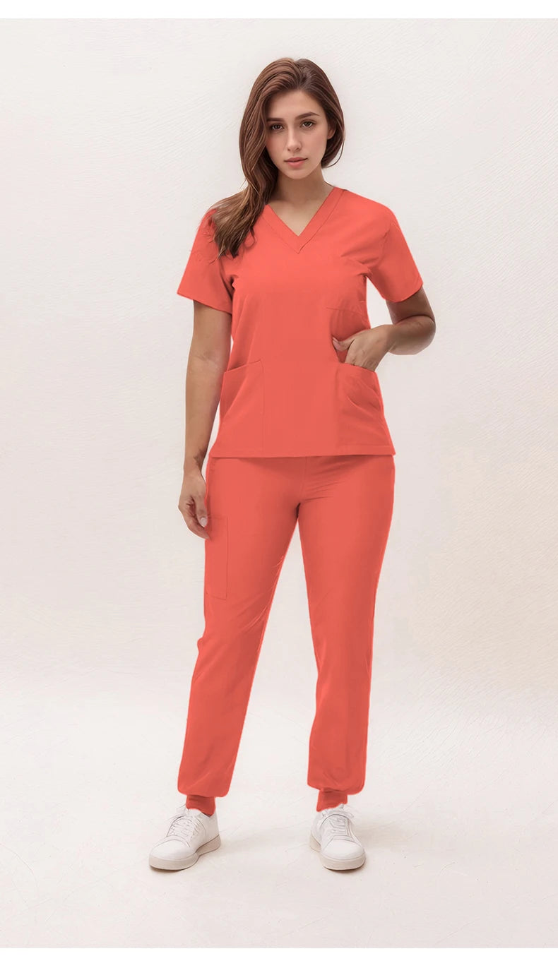 Stretchy V-Neck Nurse Scrub Set Jogger Pants