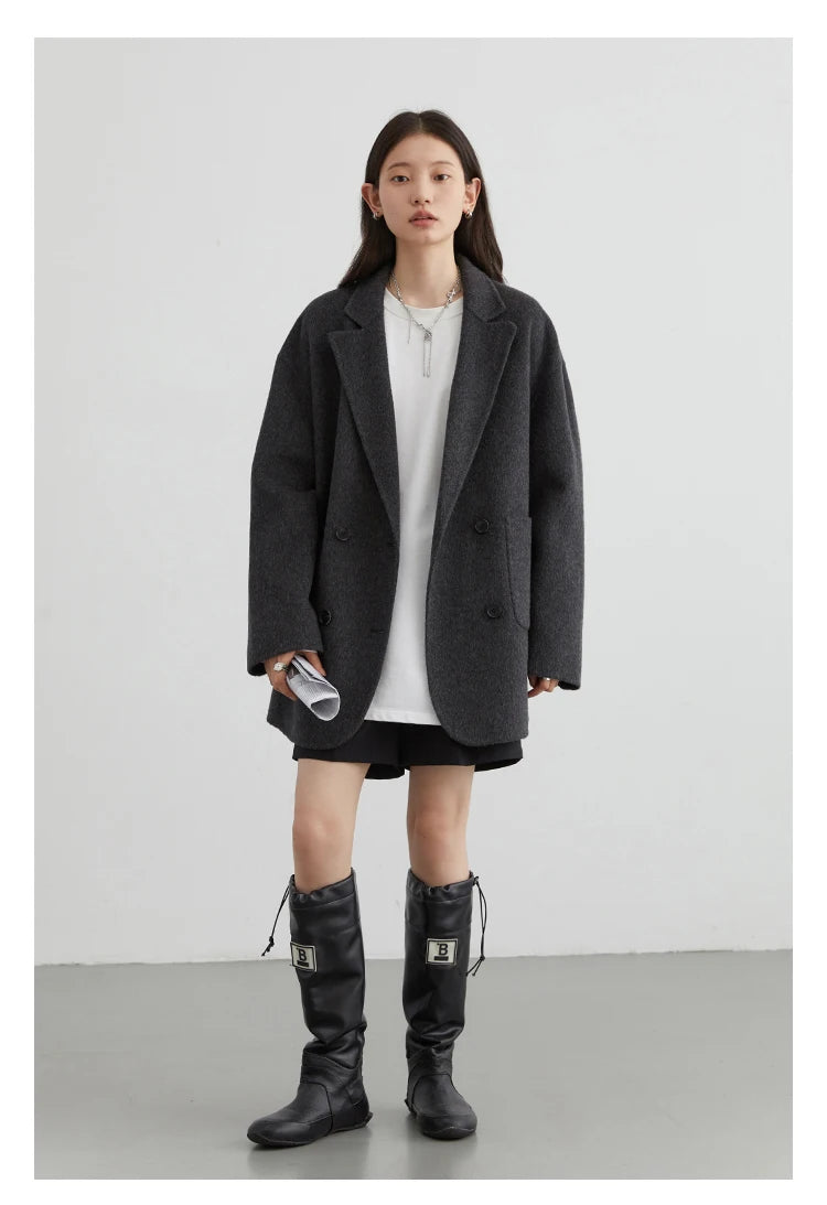 Women's Woolen Double Breasted Jacket Office Lady Outerwear