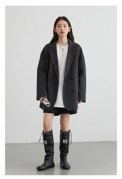 Women's Woolen Double Breasted Jacket Office Lady Outerwear