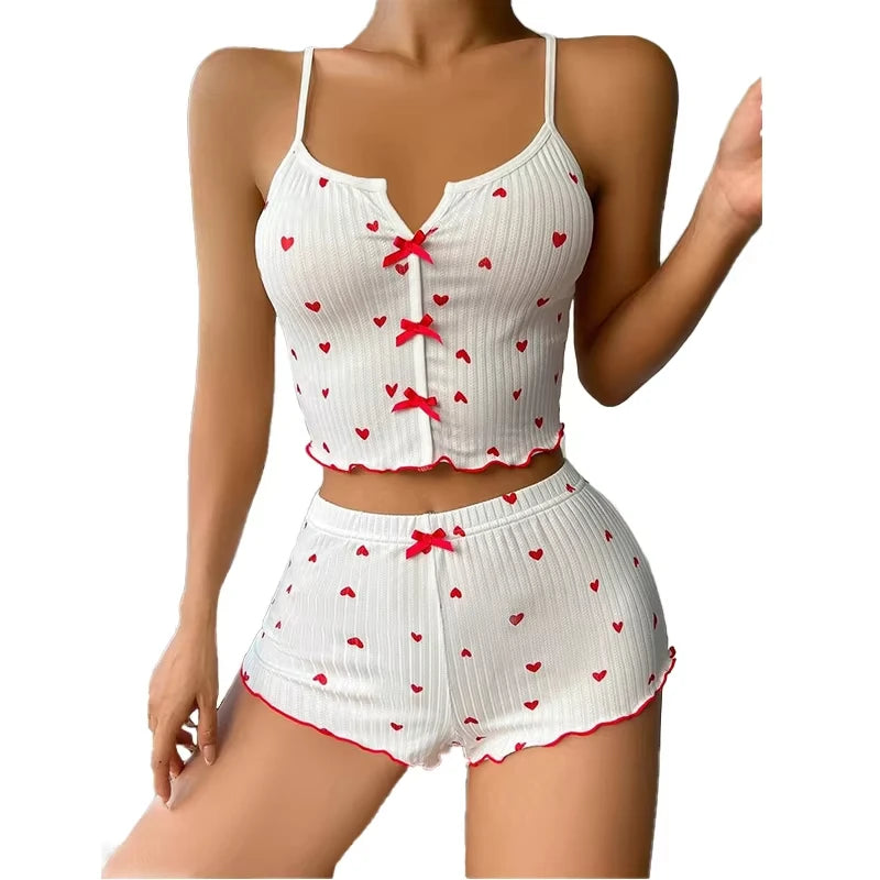Heart Print Silk Satin Women Pajamas Set