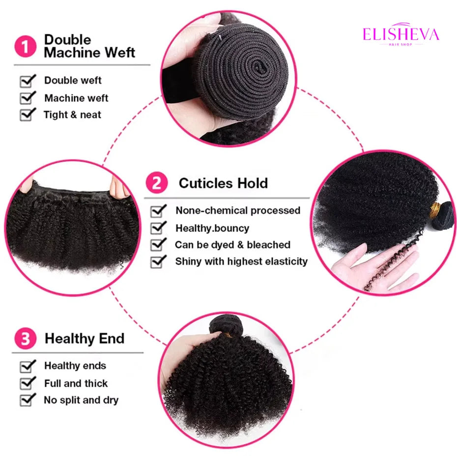 ELISHEVA Indian Human Hair Weave Bundles Kinky Curly Jet Black
