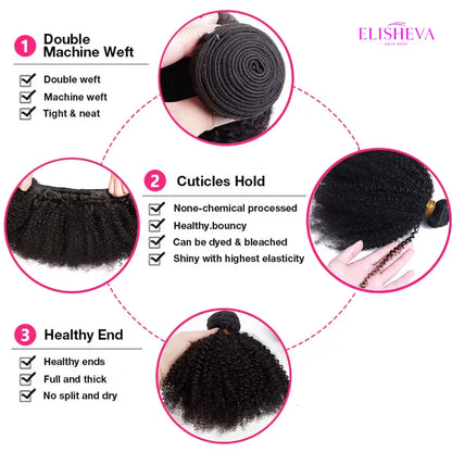 ELISHEVA Indian Human Hair Weave Bundles Kinky Curly Jet Black