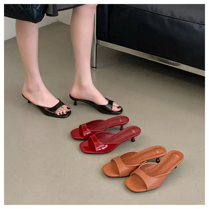 Thin High Heels Open Toe Slides Women Patent Leather Sandals