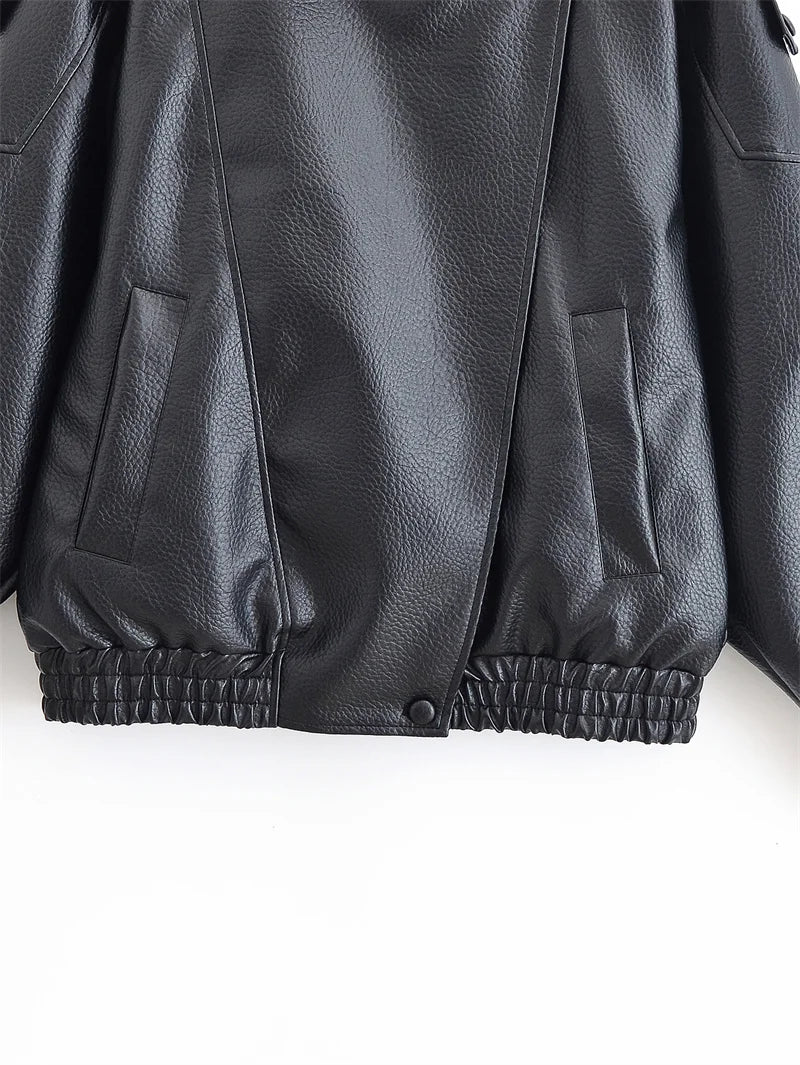 Black Long Sleeve Faux Leather Motorcycle Jacket