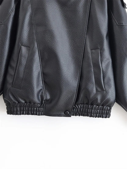 Black Long Sleeve Faux Leather Motorcycle Jacket