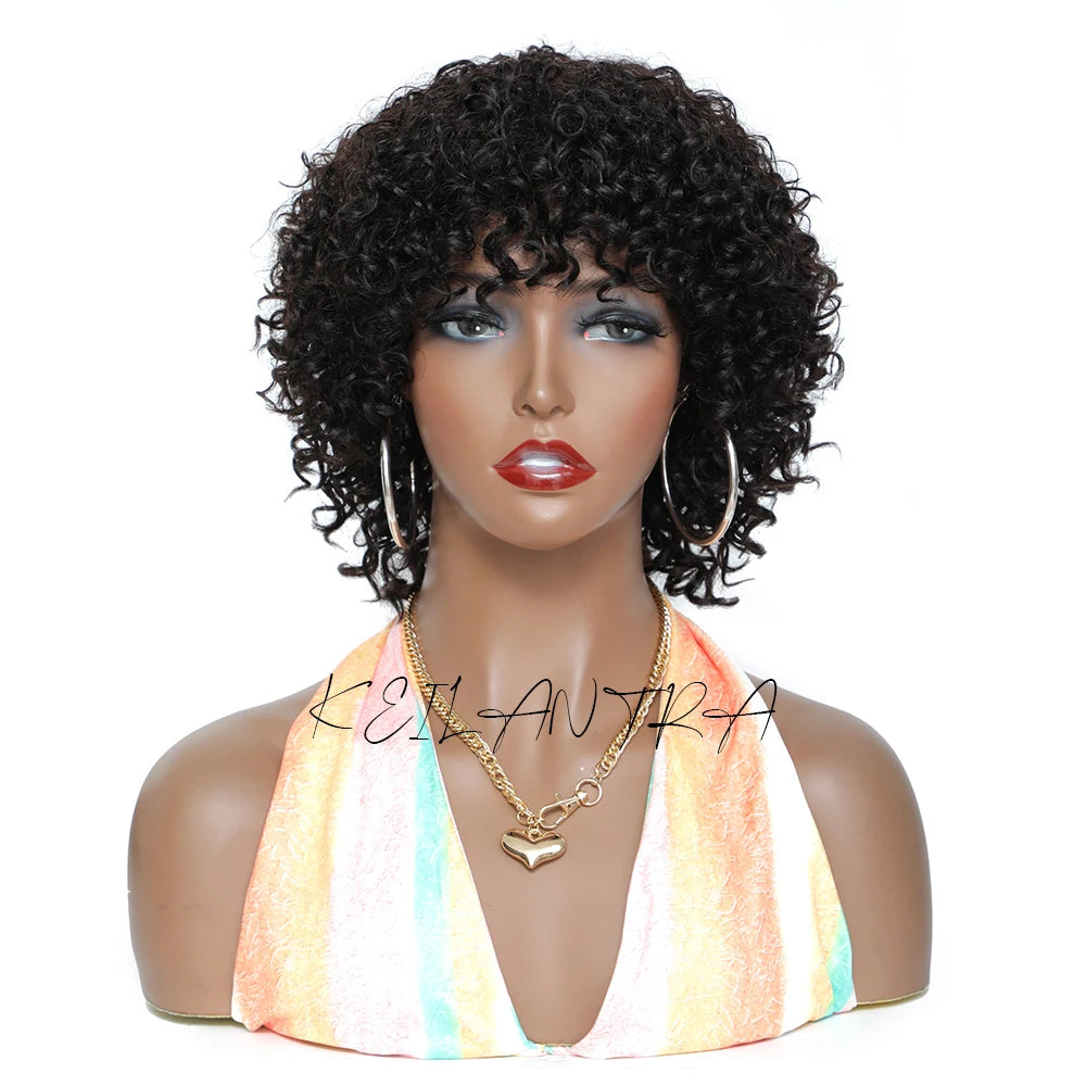 Pixie Cut Afro Curly Human Hair Wig with Bangs