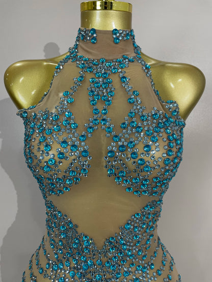 Sparkly Rhinestones Mesh See Through Dress for Women