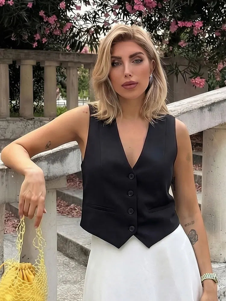 Women'S Solid Suit Vest Sleeveless Cropped Waistcoat