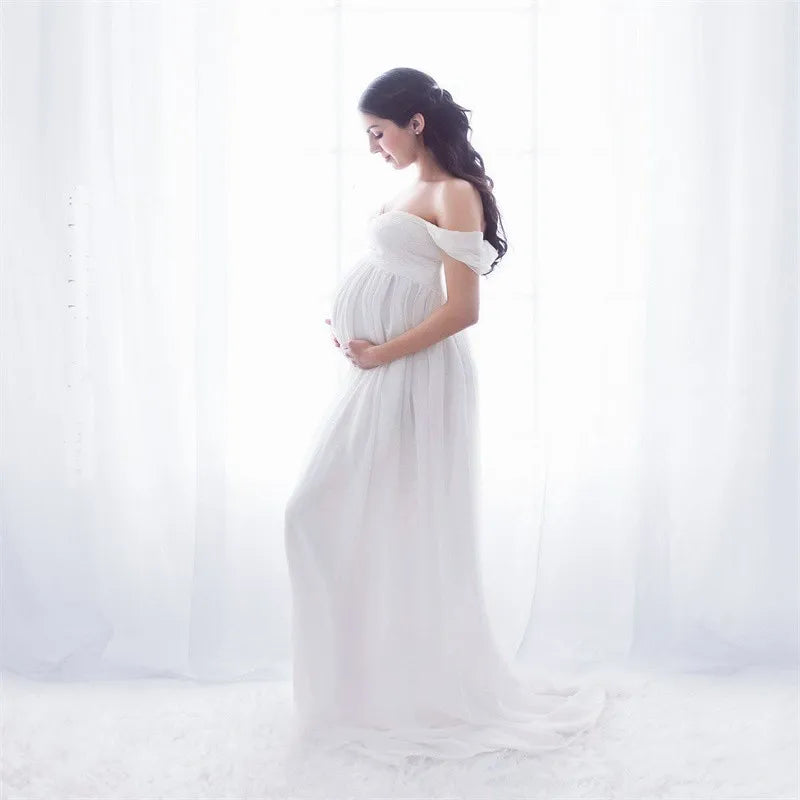 Maternity Lace Chiffon Front Split Dress in Coral Color