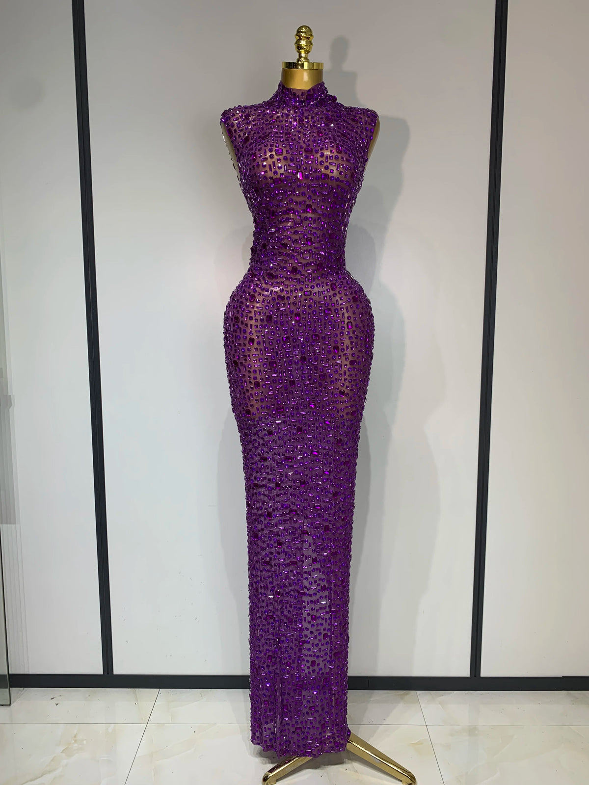 Gold Rhinestone Sleeveless Long Dress for Women