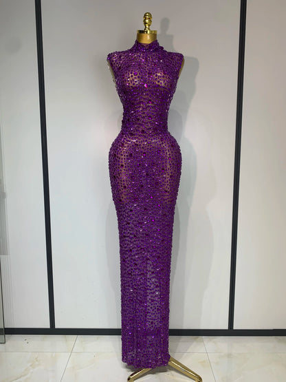 Gold Rhinestone Sleeveless Long Dress for Women