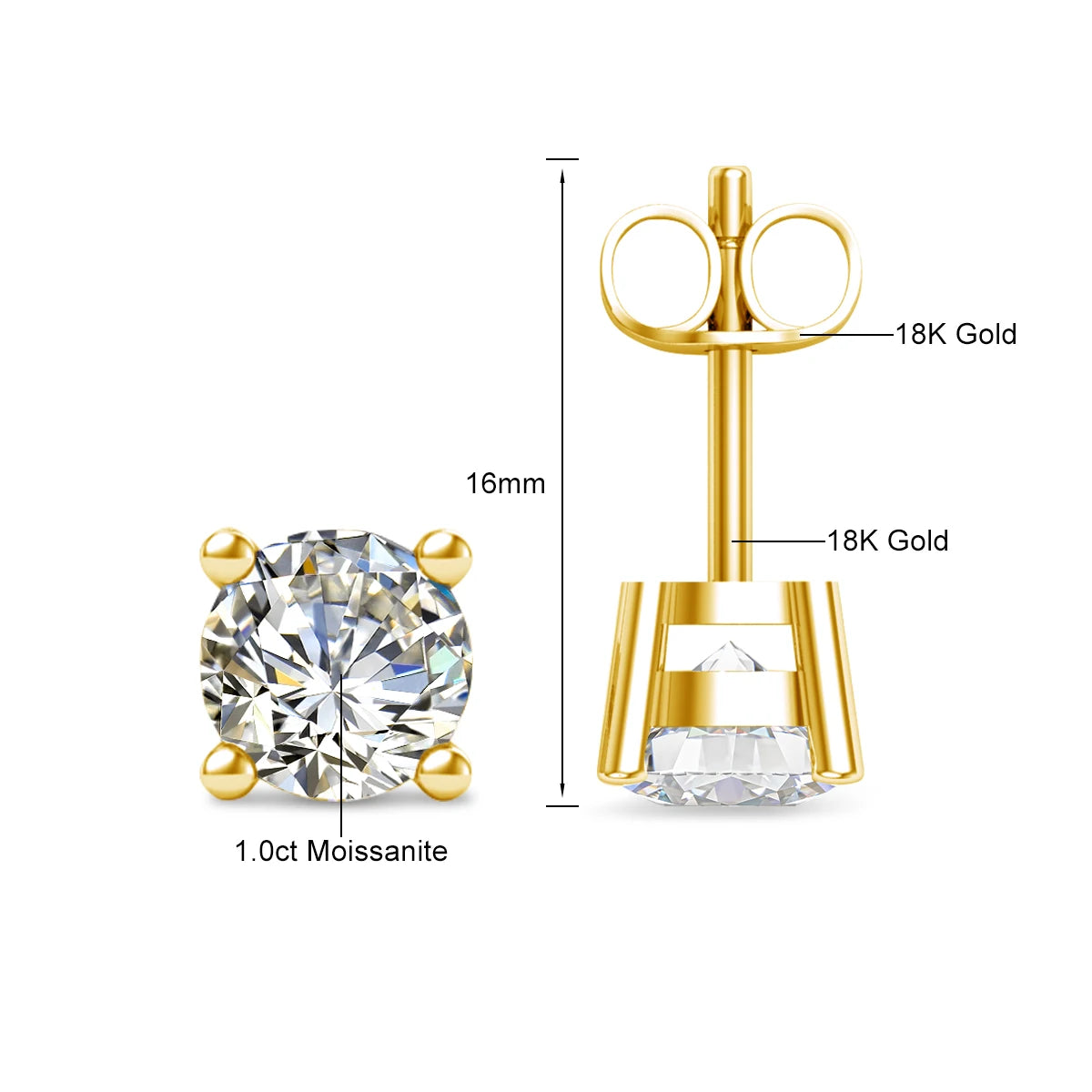 18k Gold Moissanite Stud Earrings for Women