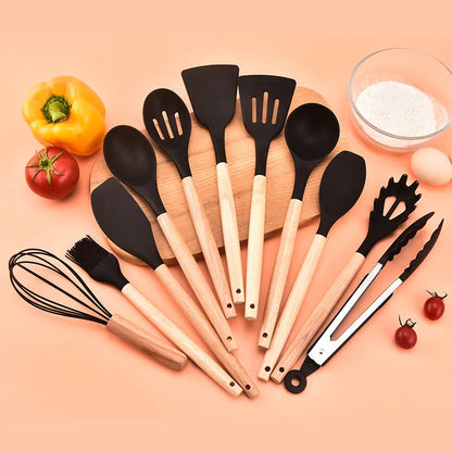 12 Piece Silicone Kitchen Utensils Set with Wooden Handle