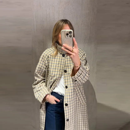 Reversible Plaid Long Trench Coat Women Single Breasted