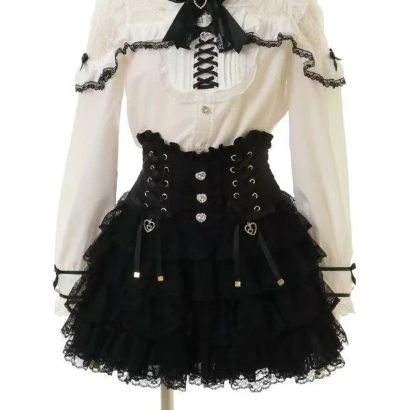 Japanese Sweet Lolita Mini Skirt Women Retro Lace Skirt