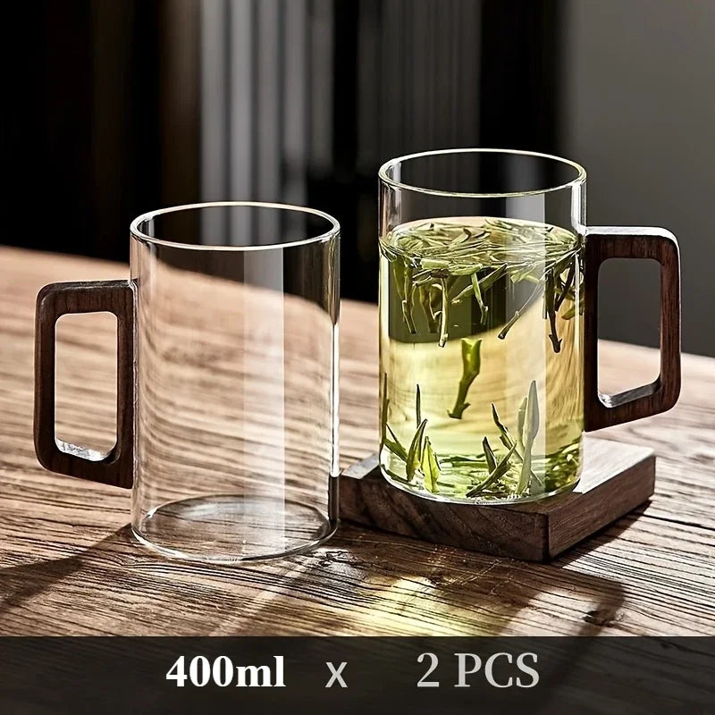 400ml Glass Cups with Walnut Handle for Tea