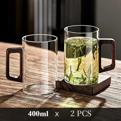 400ml Glass Cups with Walnut Handle for Tea