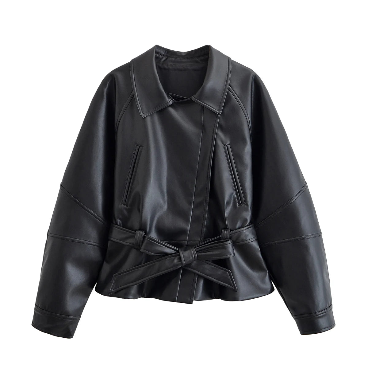 Black Faux Leather Vintage Trench Coat for Women