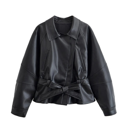 Black Faux Leather Vintage Trench Coat for Women