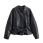 Black Faux Leather Vintage Trench Coat for Women