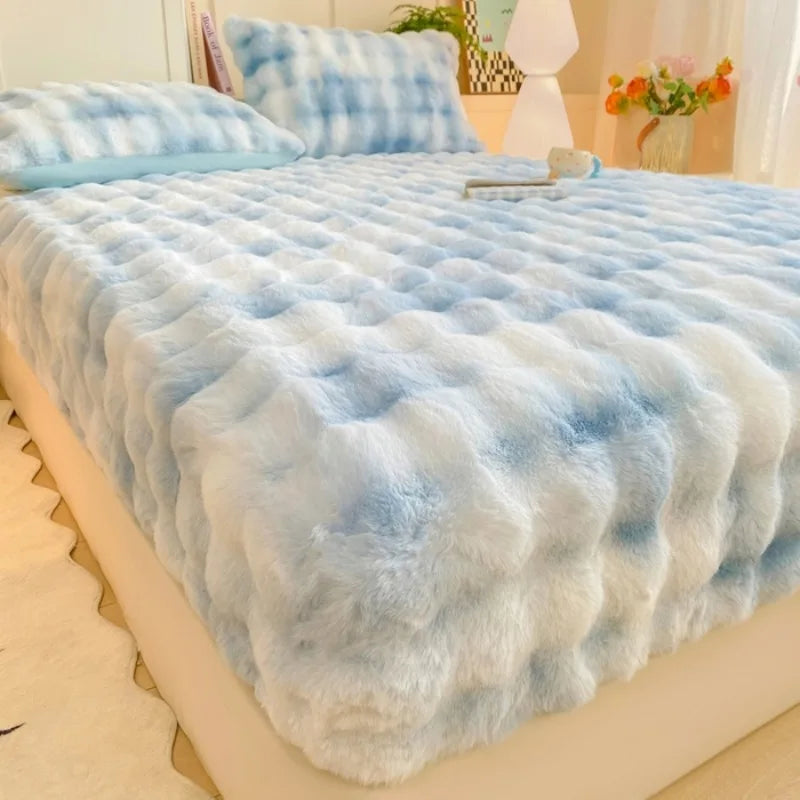 Fluffy Plush Fitted Bed Sheet Rabbit Fleece Solid Color