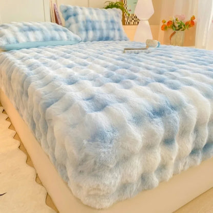 Fluffy Plush Fitted Bed Sheet Rabbit Fleece Solid Color